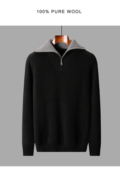 High Quality Men 100% Wool Sweater Turn Down Collar Zippers Pullover 2025 Autumn/Winter Thickened Soft Warm Knitwear Jumper Tops