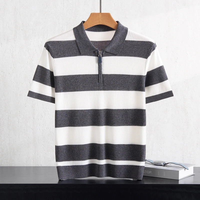Men's 100% Lyocell POLO Collar Striped T-Shirt Knit Pullover Summer New Bussiness Casual Half-zip Short-sleeved Jumper Menswear