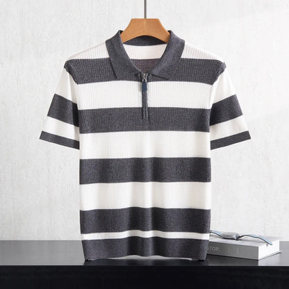 Men's 100% Lyocell POLO Collar Striped T-Shirt Knit Pullover Summer New Bussiness Casual Half-zip Short-sleeved Jumper Menswear