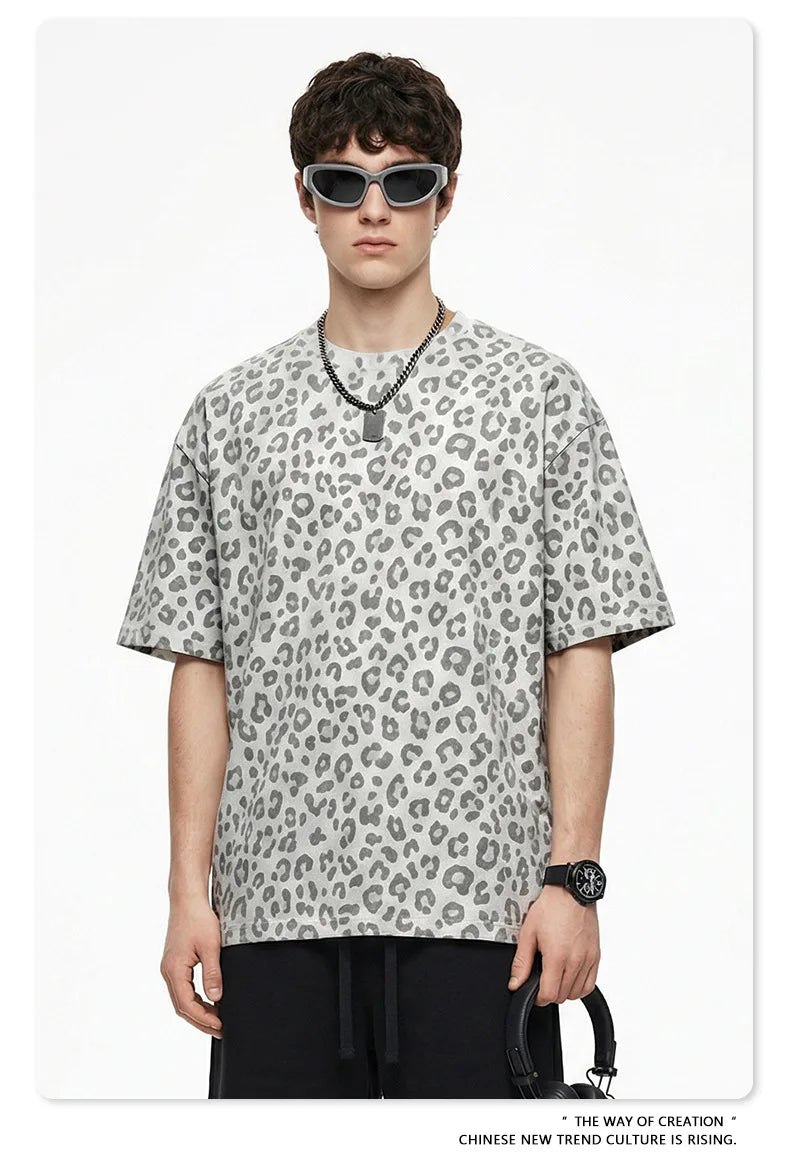 Custom LOGO men's new summer 240G cotton polyester American retro BOXY leopard print short-sleeved T-shirt casual loose top