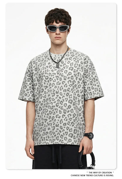 Custom LOGO men's new summer 240G cotton polyester American retro BOXY leopard print short-sleeved T-shirt casual loose top