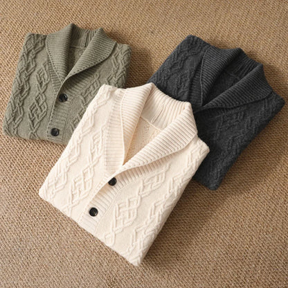 2025 Autumn Winter New Five Needle Thick 100% Merino Wool Sweater Men's Lapel Knit Cardigan Business Casual Warm Shirt Menswear