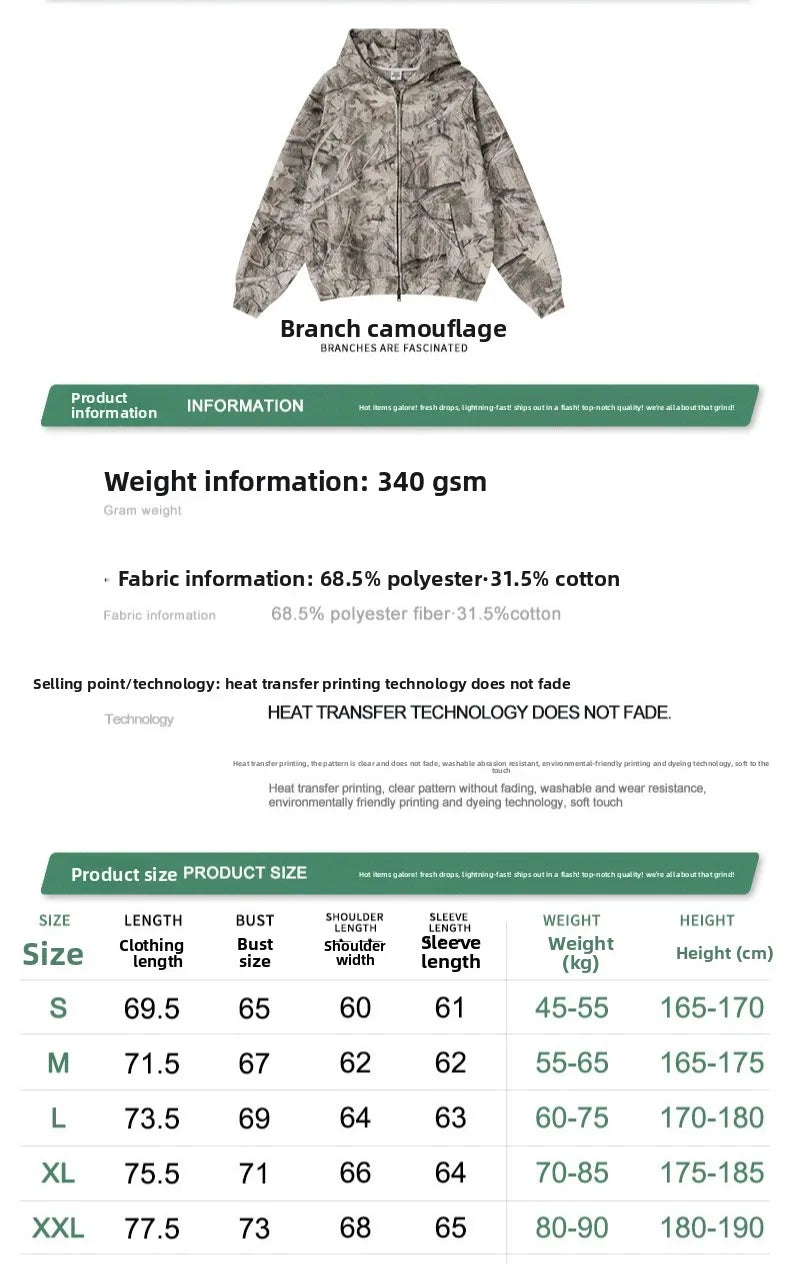 Custom LOGO men's new 340G heavy autumn and winter American camouflage fleece hooded sweatshirt jacket shorts set