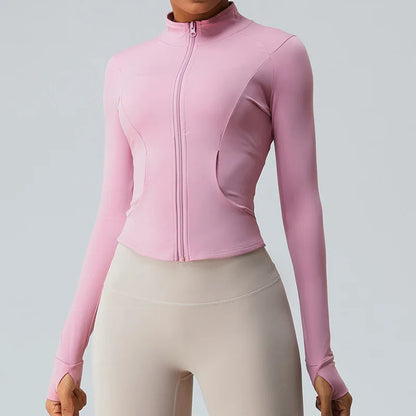 Gym Shirt Women's Full Zipper Yoga Top With Thumbholes Fitness Running Jacket Stretch Fit Long Sleeve Round Neck Top Sportswear