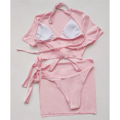 XS - L Ribbed Halter Bikini Women Swimwear Female Swimsuit Four-pieces Bikini set With Sarong Bather Bathing Suit Swim V3152B