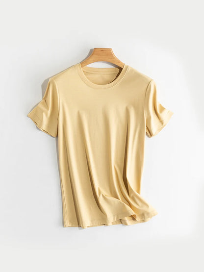 SuyaDream Women Solid T shirts, Silk Cotton Blend, O Neck, Short Sleeved Solid Tee,2025 Summer Candy Colors Basic Cozy Top Green