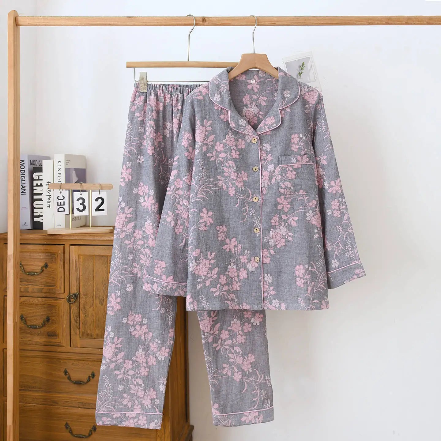 2026 new spring and summer women's pajamas suit long-sleeved trousers two-piece 100% cotton crepe flower leaves home clothes