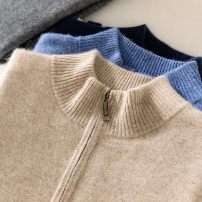 High-end 100% Cashmere Pullover for Men Mock Collar Thick Sweater Autumn Winter Knitted Jumper Warm Clothing Smart Casual Top
