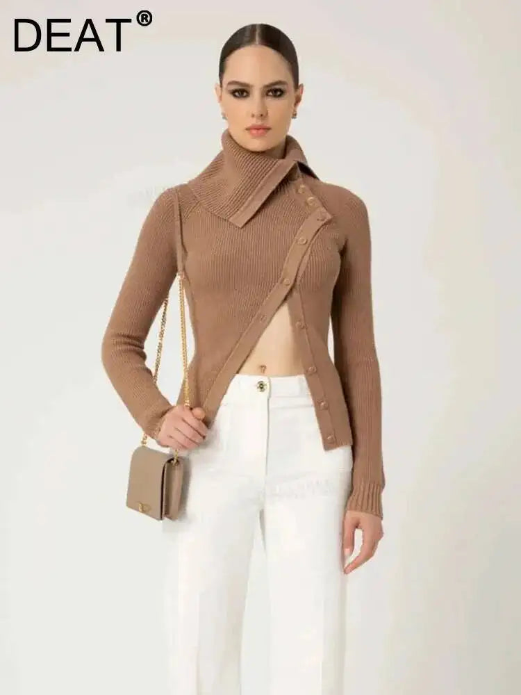 DEAT Fashion Brown Irregular Knitted Tops Women's Turtleneck Slim Fit Button Long Sleeves Short Sweater Autumn New