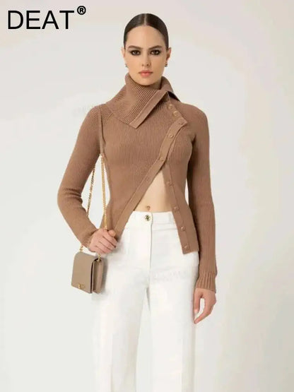 DEAT Fashion Brown Irregular Knitted Tops Women's Turtleneck Slim Fit Button Long Sleeves Short Sweater Autumn New
