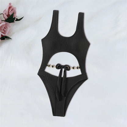 Diamond Rhinestones Tummy Cut Out Women Swimwear One Piece Swimsuit Female Knotted High Leg Cut Bather Bathing Suit Swim V6295