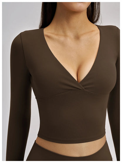 Deep-V Yoga Long Sleeve Solid Sports T-shirts Women's Gym Workout Shirts Sexy Quick Dry Fitness Long Sleeve Female Yoga Shirts